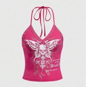 ROMWE Y2K Pink Skull Halter Top Grommet Eyelet Goth Mall Emo NWT Size L